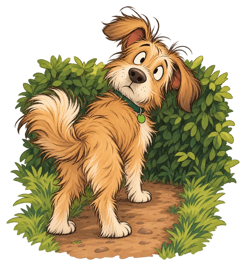 A scruffy cartoon dog at the end of a trail that stops at a hedge, looking back, puzzled