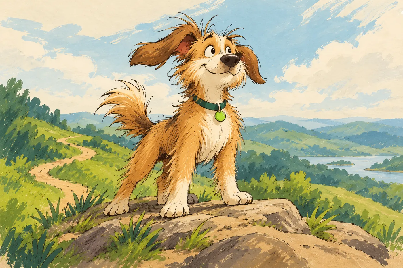 A scruffy cartoon dog standing proudly on a rocky lookout above rolling hills and a lake