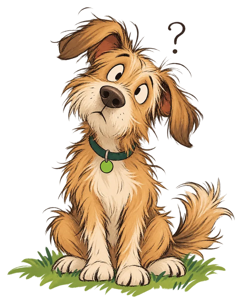 A scruffy cartoon dog tilting its head, with a question mark above it